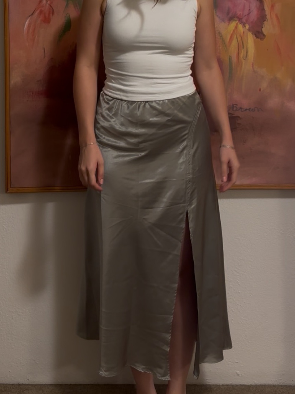 Satin Midi Skirt with Front Slit - Green